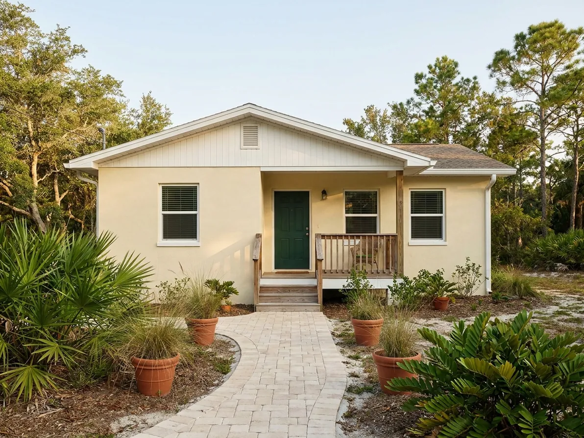Pale-yellow home with a green door and a curved garden walk