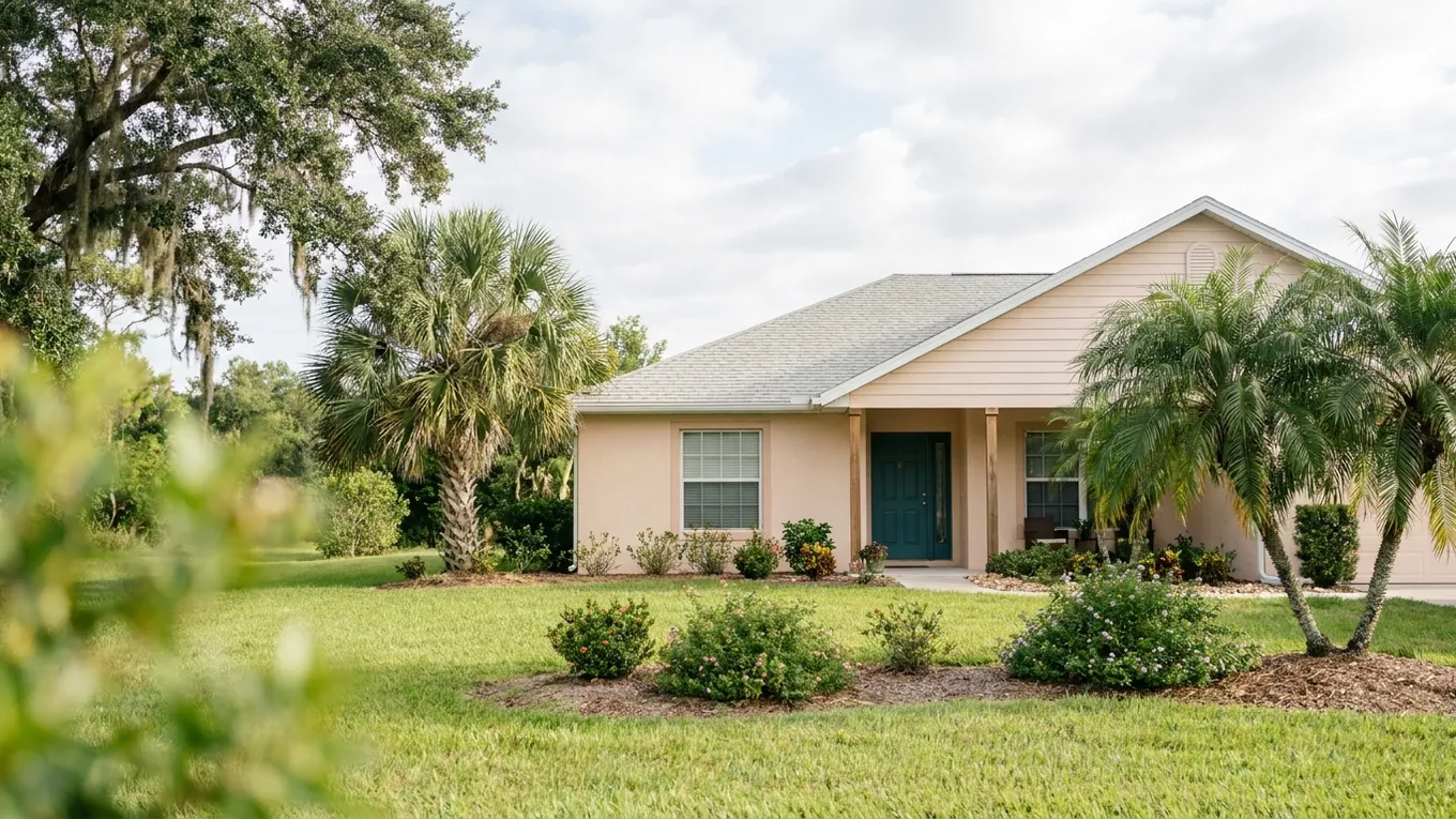 Peach stucco home with a teal door and palm-lined lawn